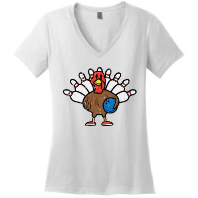 Turkey Bowling Pins Funny Thanksgiving Sports Women's V-Neck T-Shirt