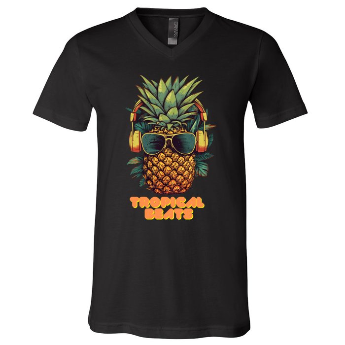 Tropical Beats Pineapple DJ Fun and Unique Summer Style V-Neck T-Shirt