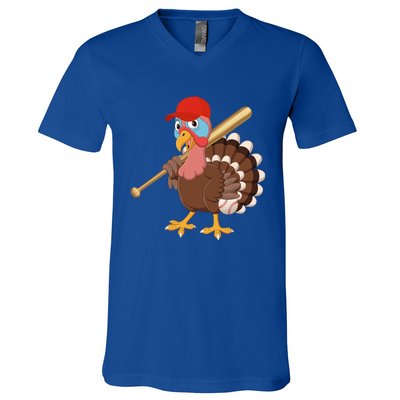 Turkey Baseball Pilgrim Thanksgiving Thankful Grateful Gift V-Neck T-Shirt