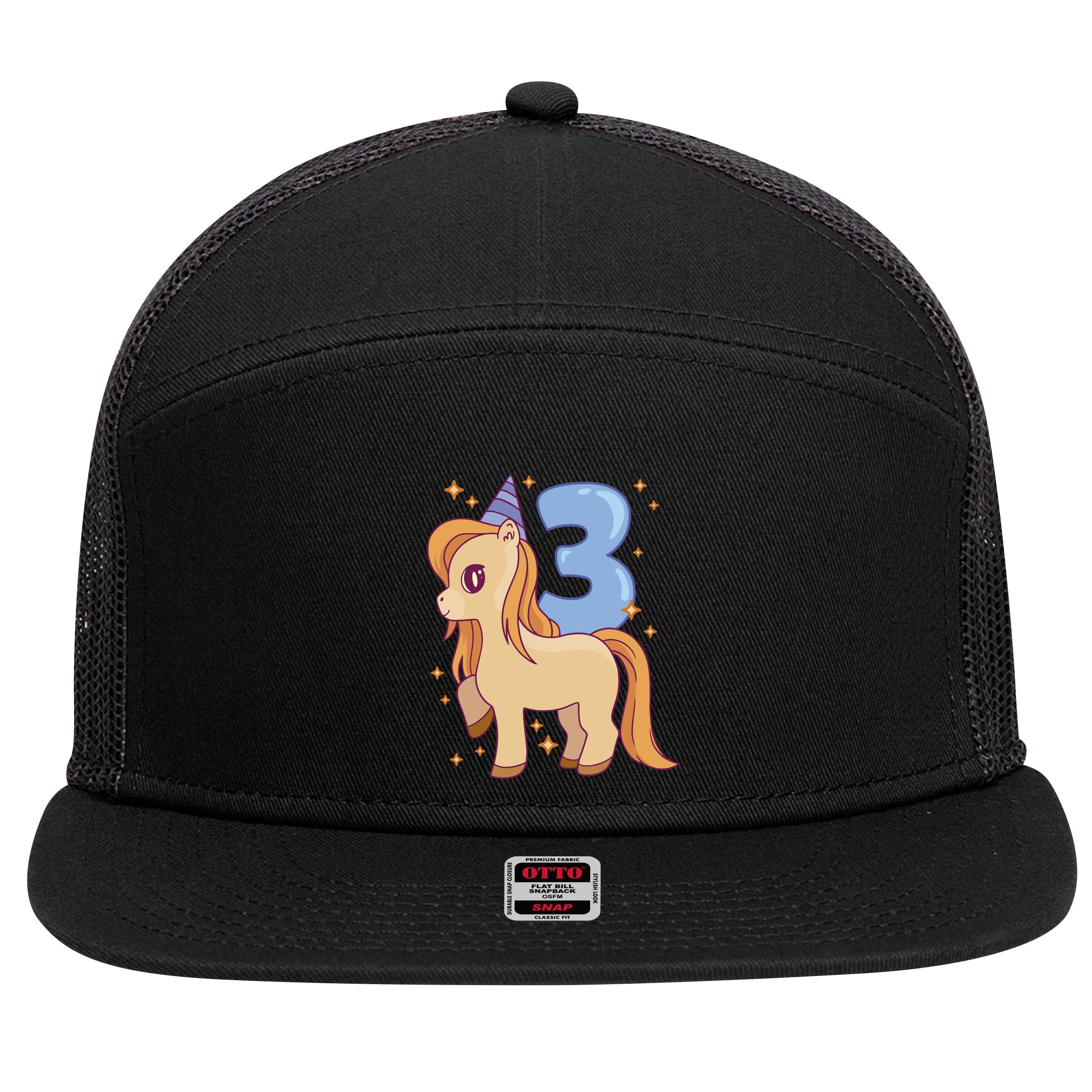 Third Birthday Pony Gift 7 Panel Mesh Trucker Snapback Hat