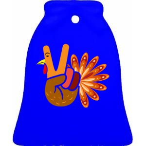 Thanksgiving Blessed Peace Hand Sign Thankful Turkey Gift Ceramic Bell Ornament