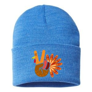 Thanksgiving Blessed Peace Hand Sign Thankful Turkey Gift Sustainable Knit Beanie