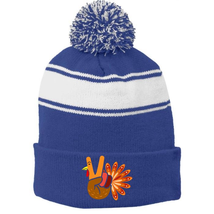 Thanksgiving Blessed Peace Hand Sign Thankful Turkey Gift Stripe Pom Pom Beanie