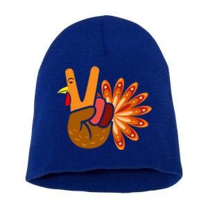 Thanksgiving Blessed Peace Hand Sign Thankful Turkey Gift Short Acrylic Beanie