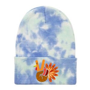 Thanksgiving Blessed Peace Hand Sign Thankful Turkey Gift Tie Dye 12in Knit Beanie