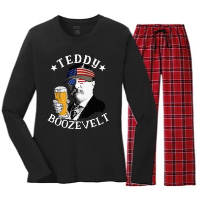 Teddy Boozevelt President Theodore Roosevelt Drinking Beer Women's Long Sleeve Flannel Pajama Set 