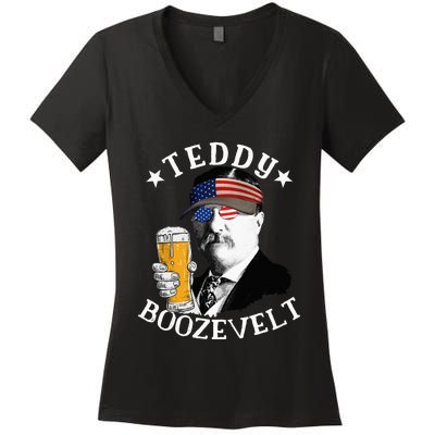 Teddy Boozevelt President Theodore Roosevelt Drinking Beer Women's V-Neck T-Shirt