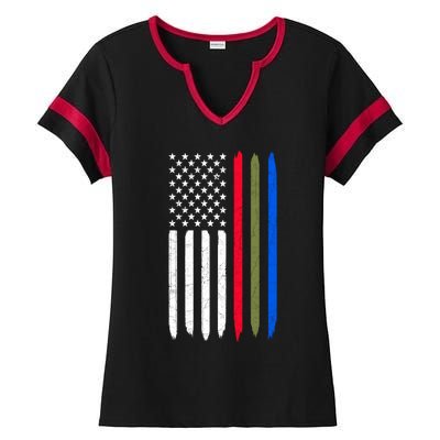 Thin Blue Red Green Line American Flag Police Military Fire Gift Ladies Halftime Notch Neck Tee