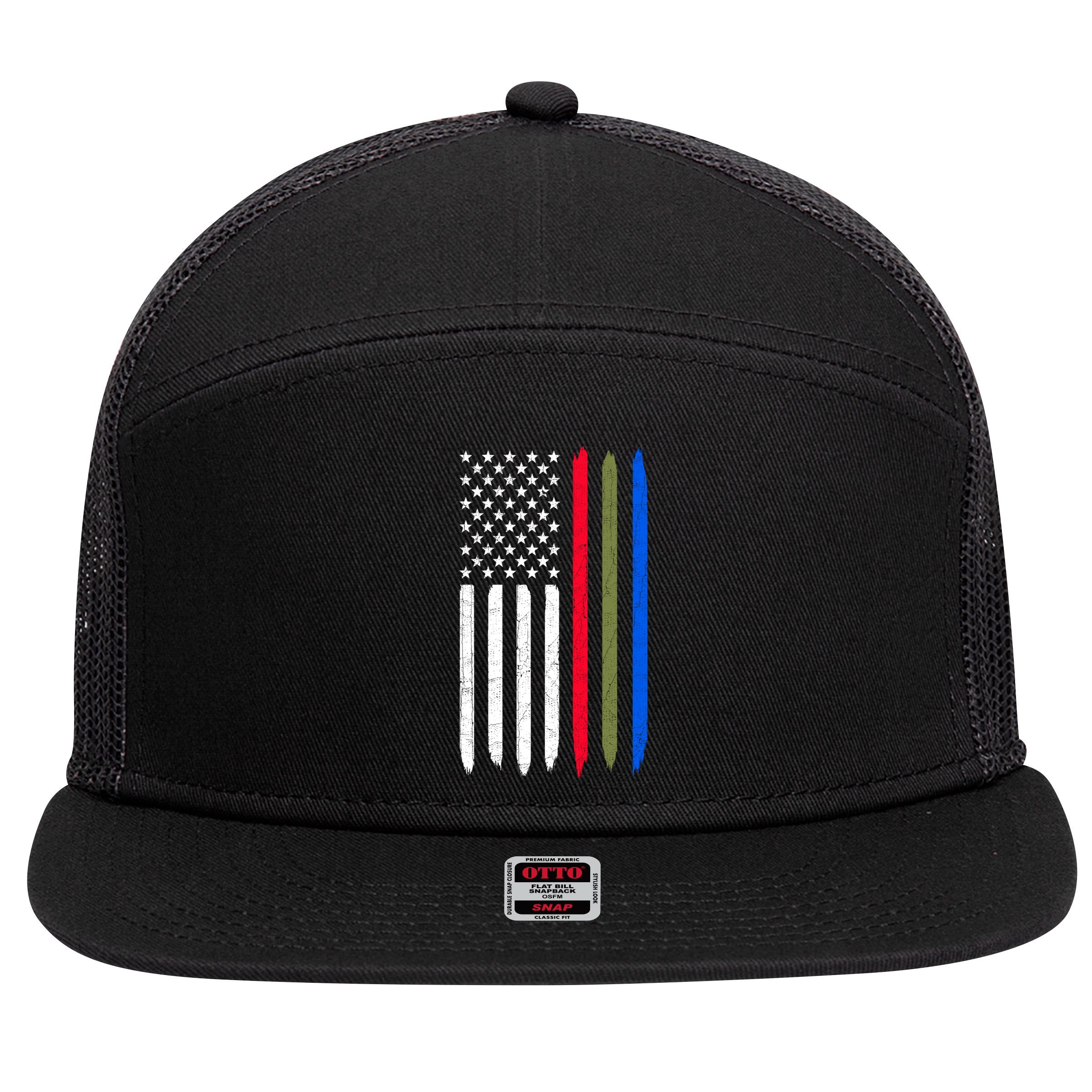 Thin Blue Red Green Line American Flag Police Military Fire Gift 7 Panel Mesh Trucker Snapback Hat