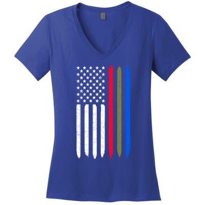 Thin Blue Red Green Line American Flag Police Military Fire Gift Women's V-Neck T-Shirt