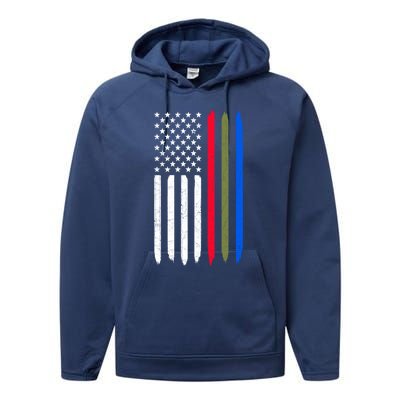 Thin Blue Red Green Line American Flag Police Military Fire Gift Performance Fleece Hoodie