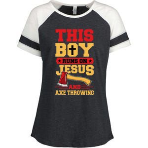 This Boy Runs On Jesus And Axe Throwing Enza Ladies Jersey Colorblock Tee