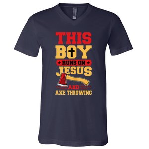 This Boy Runs On Jesus And Axe Throwing V-Neck T-Shirt