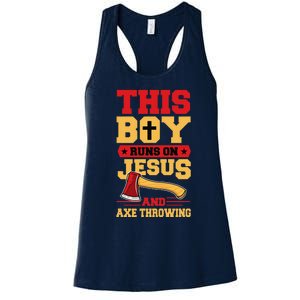 This Boy Runs On Jesus And Axe Throwing Women's Racerback Tank