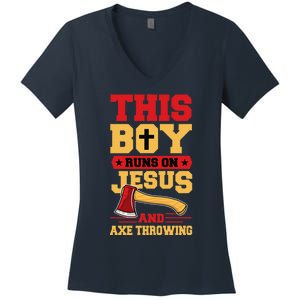 This Boy Runs On Jesus And Axe Throwing Women's V-Neck T-Shirt