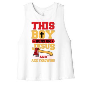 This Boy Runs On Jesus And Axe Throwing Women's Racerback Cropped Tank