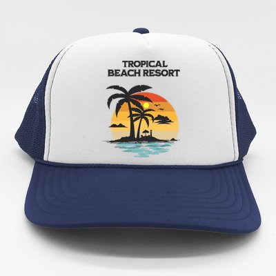 Tropical Beach Resort Palm Trees And Lounge Chairs Design Trucker Hat