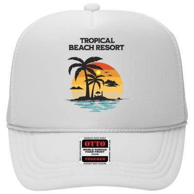 Tropical Beach Resort Palm Trees And Lounge Chairs Design High Crown Mesh Back Trucker Hat