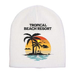 Tropical Beach Resort Palm Trees And Lounge Chairs Design Short Acrylic Beanie