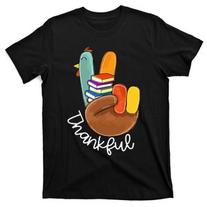 Thankful Books Reader Teacher Turkey Peace Sign Thanksgiving T-Shirt