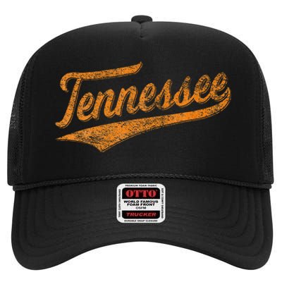 Tennessee Baseball Sports Script Cursive Flag Swoosh High Crown Mesh Back Trucker Hat