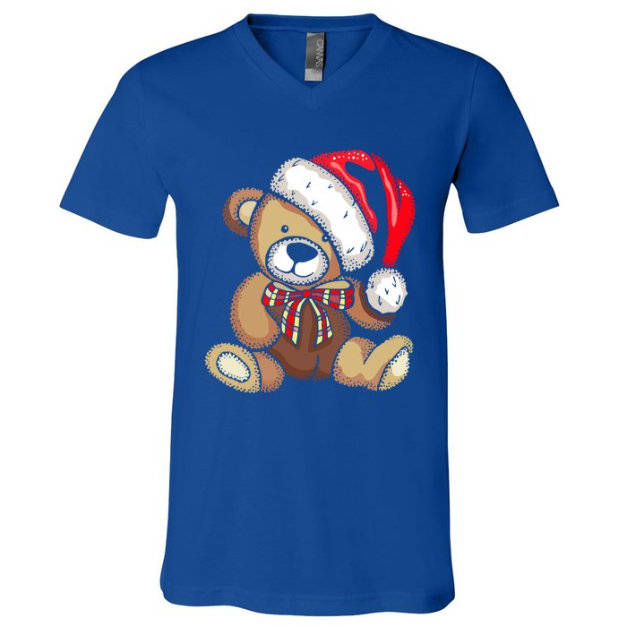 Teddy Bear Santa Hat Christmas Pajama Cute Xmas Funny Gift V-Neck T-Shirt