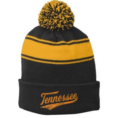 Tennessee Baseball Sports Script Cursive Flag Swoosh Stripe Pom Pom Beanie