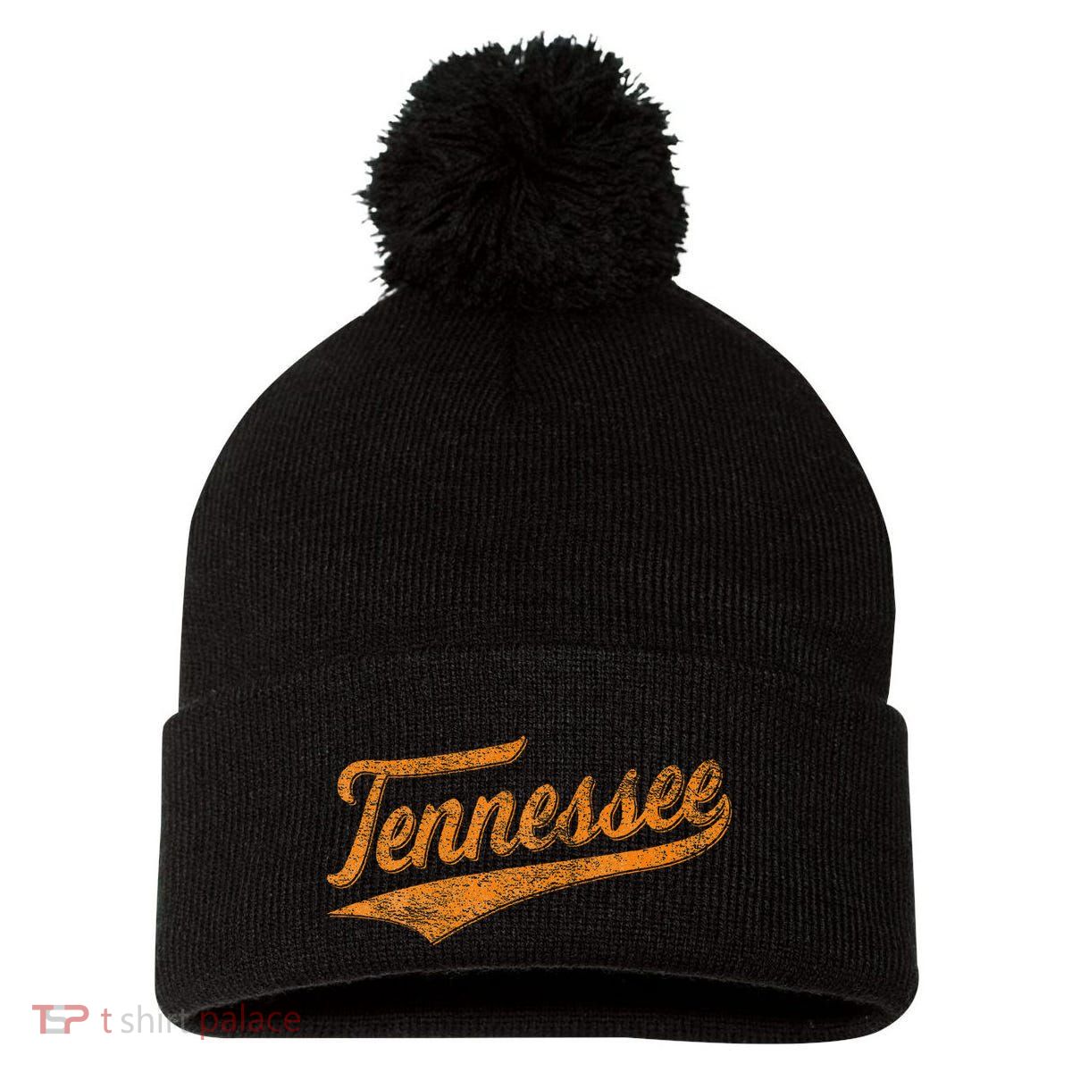 Tennessee Baseball Sports Script Cursive Flag Swoosh Pom Pom 12in Knit Beanie