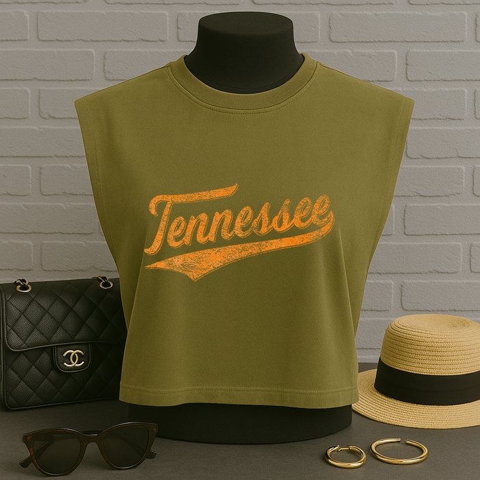 Tennessee Baseball Sports Script Cursive Flag Swoosh Garment-Dyed Women's Muscle Tee