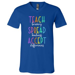 Teach Bravery Spread Kindness Accept Differences Autism V-Neck T-Shirt