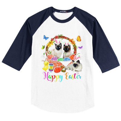 Three Bunny Siamese Cats In Easter Eggs Basket Baseball Sleeve Shirt