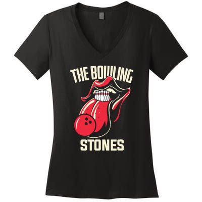 The Bowling Stones Funny Mouth Bowling Women's V-Neck T-Shirt