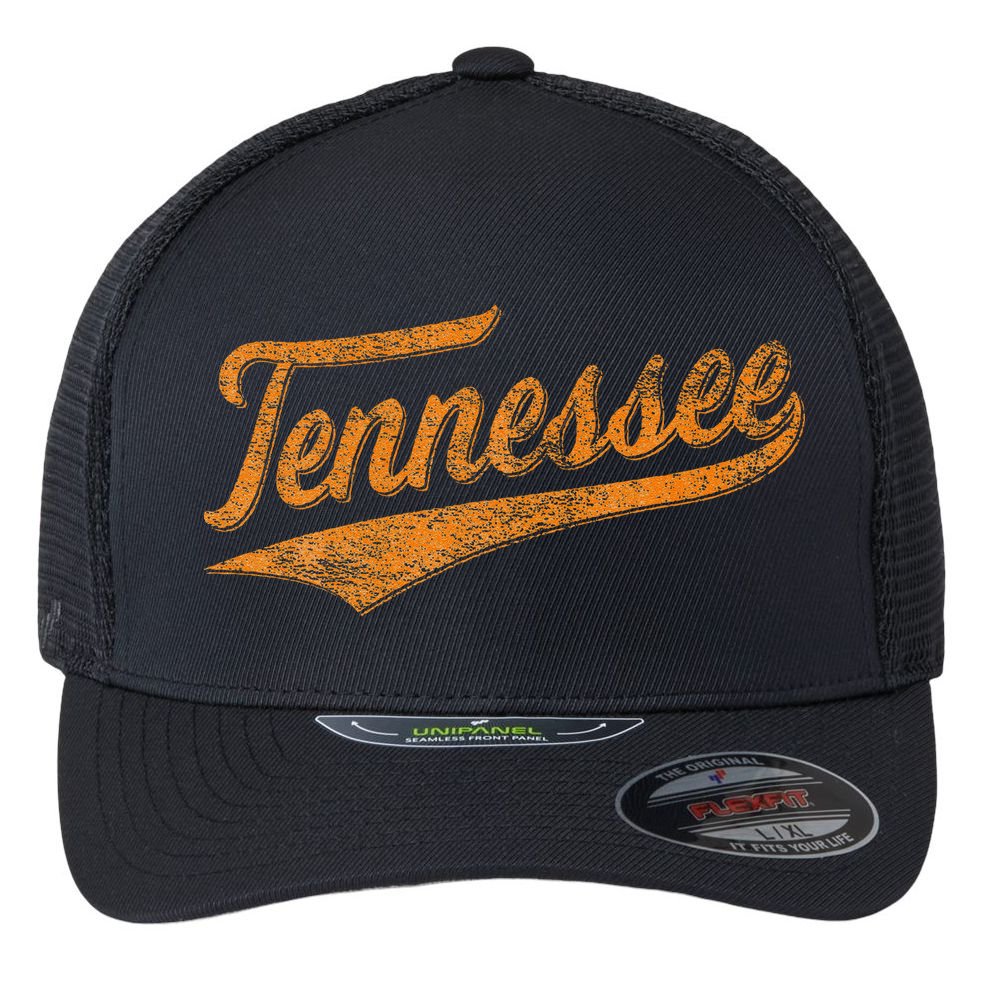 Tennessee Baseball Sports Script Cursive Flag Swoosh Retro Flexfit Unipanel Trucker Cap