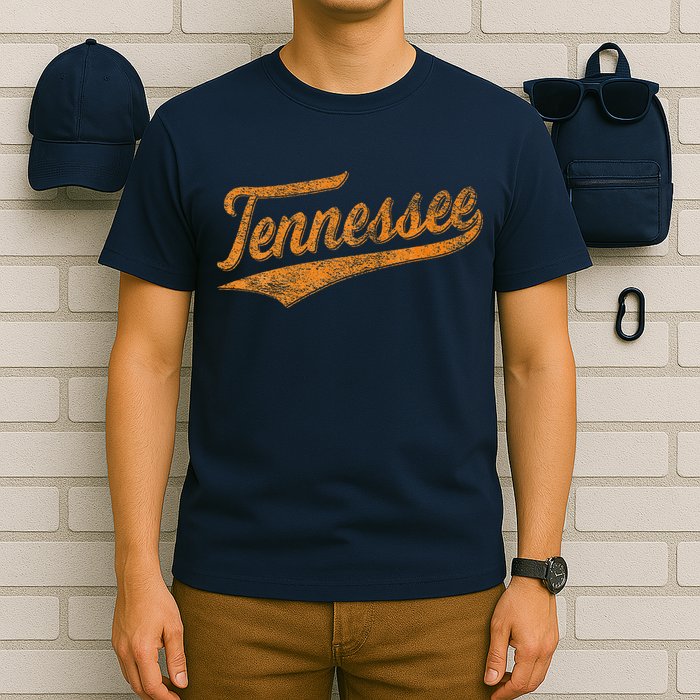 Tennessee Baseball Sports Script Cursive Flag Swoosh Retro T-Shirt