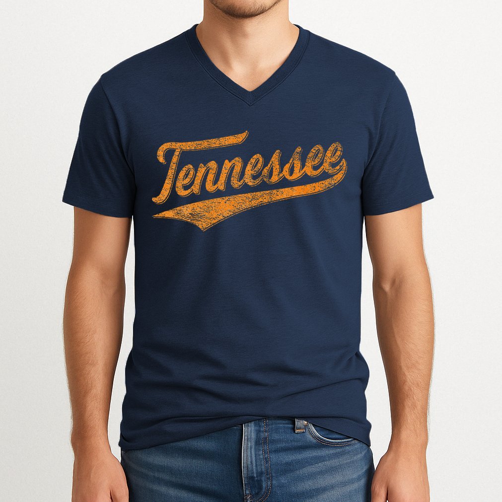 Tennessee Baseball Sports Script Cursive Flag Swoosh Retro V-Neck T-Shirt