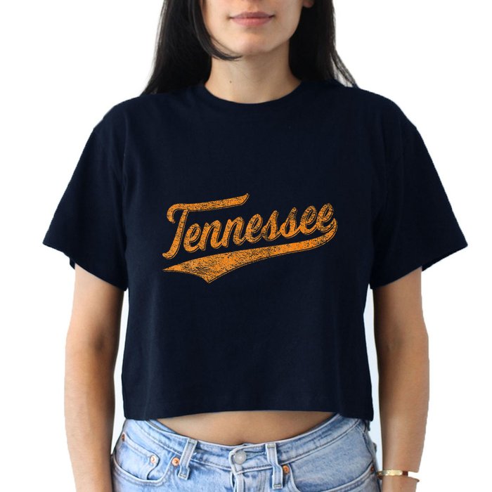 Tennessee Baseball Sports Script Cursive Flag Swoosh Retro Women's Crop Top Tee