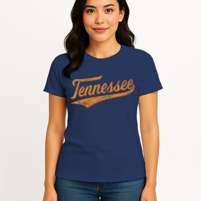 Tennessee Baseball Sports Script Cursive Flag Swoosh Retro Womens T-Shirt