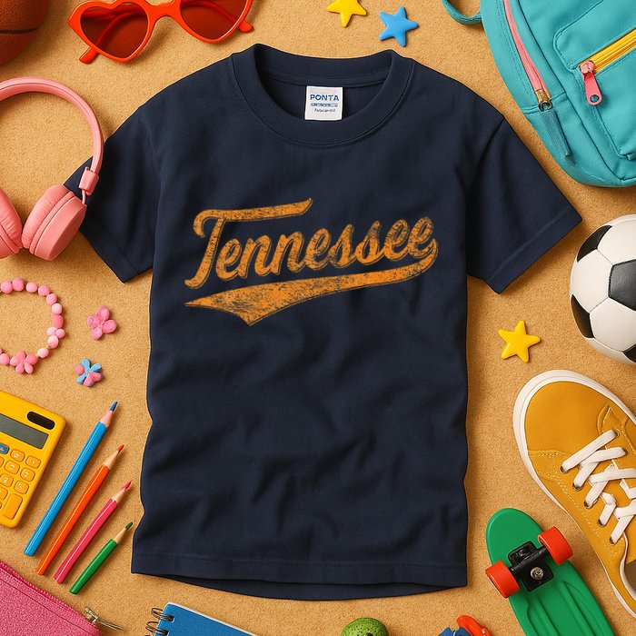 Tennessee Baseball Sports Script Cursive Flag Swoosh Retro Kids T-Shirt