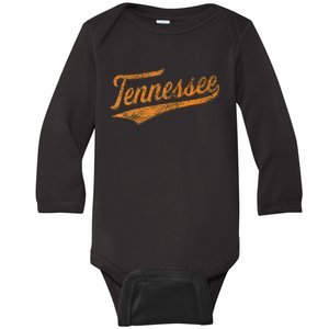 Tennessee Baseball Sports Script Cursive Flag Swoosh Retro Baby Long Sleeve Bodysuit