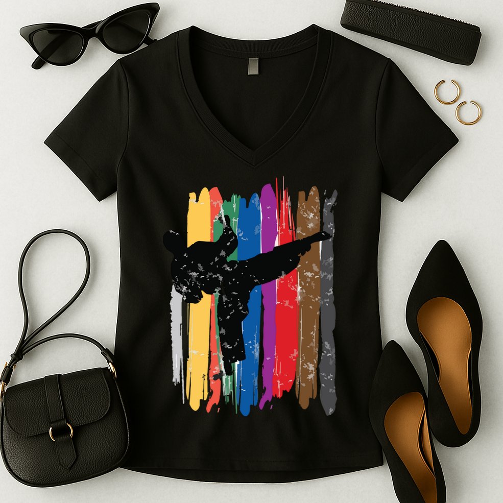 Taekwondo Belts Silhouette Distressed Martial Arts Gift Women's V-Neck T-Shirt