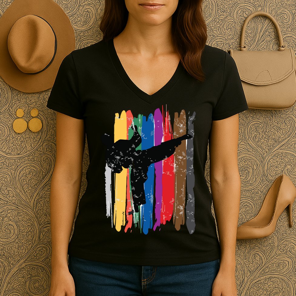 Taekwondo Belts Silhouette Distressed Martial Arts Gift Women's V-Neck T-Shirt