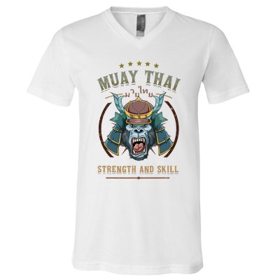 Thai Boxing Strength And Skill Muay Thai And Samurai V-Neck T-Shirt