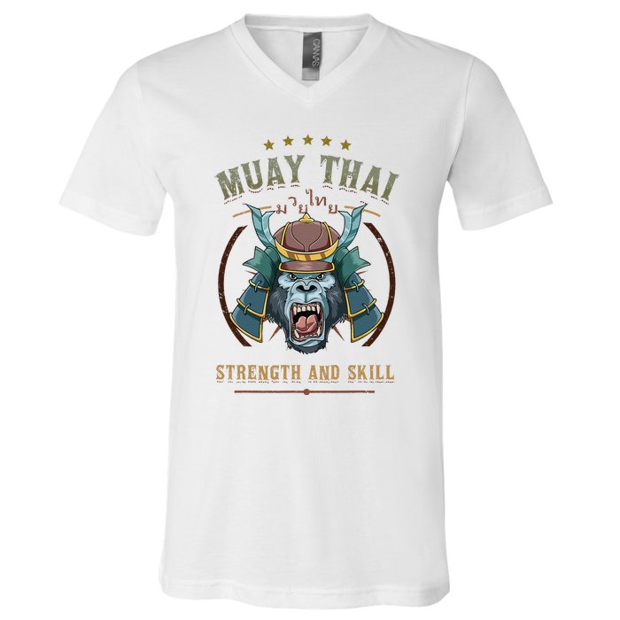 Thai Boxing Strength And Skill Muay Thai And Samurai V-Neck T-Shirt