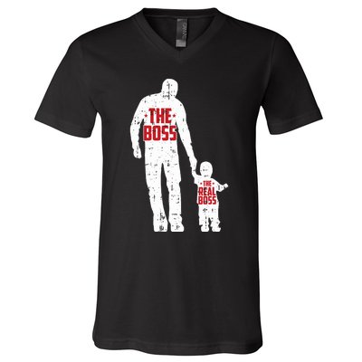 The Boss The Real Boss Fathers Day Dad Son Daughter Matching V-Neck T-Shirt