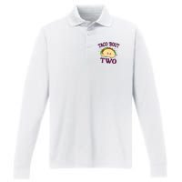 Taco Bout Two 2nd Birthday 2 Year Funny Tacos Performance Long Sleeve Polo