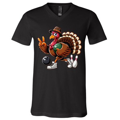 Turkey Bowling Thanksgiving Turkey Playing Bowling Turkey V-Neck T-Shirt
