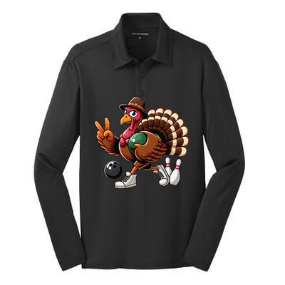 Turkey Bowling Thanksgiving Turkey Playing Bowling Turkey Silk Touch Performance Long Sleeve Polo