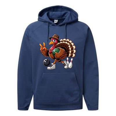 Turkey Bowling Thanksgiving Turkey Playing Bowling Turkey Performance Fleece Hoodie