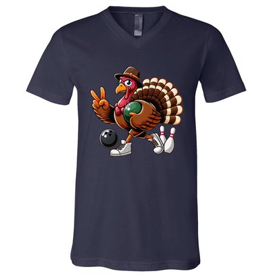 Turkey Bowling Thanksgiving Turkey Playing Bowling Turkey V-Neck T-Shirt