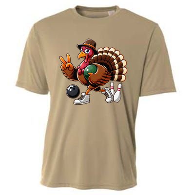 Turkey Bowling Thanksgiving Turkey Playing Bowling Turkey Cooling Performance Crew T-Shirt